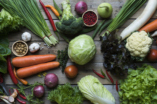 Fresh Farmers Market Fruit And Vegetable From Above With Copy Space