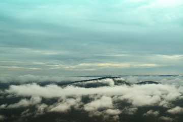mountain landscape,morning mist with blue sky background