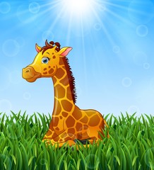 Cartoon giraffe sitting in the grass on a background of bright sunshine