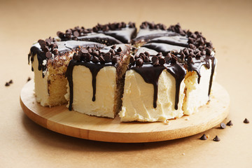 round cake with chocolate topping.