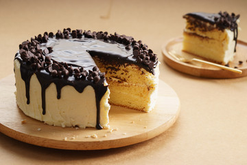round cake with chocolate topping.