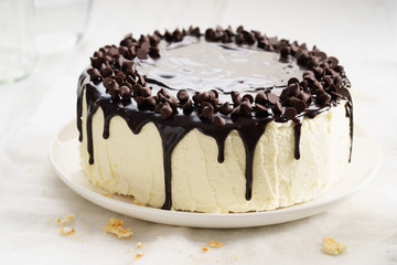 round cake with chocolate topping.