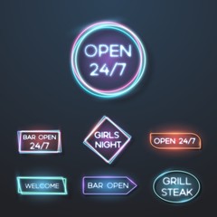 Illustration of Big Set of Vector Neon Sign Plates. Realistic Neon Quote Frame Template