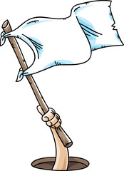 A cartoon hand holding up a white flag of surrender from a hole.