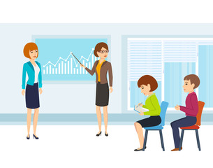 Colleagues discuss financial issues and state of affairs of company.