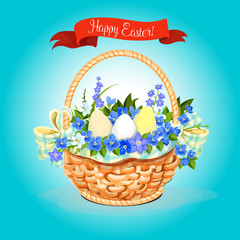 Easter eggs and flowers bunch basket vector poster