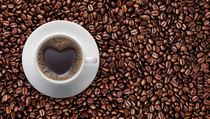 Black coffee cup of Love with Heart shape on coffee bean