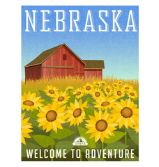 Nebraska travel poster or sticker. Vector illustration of sunflowers in front of old red barn.
Rural landscape.
