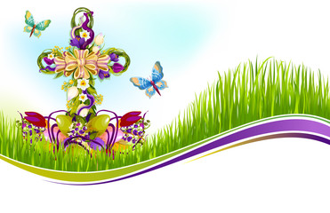 Fototapeta na wymiar Vector Easter crucifix of flowers greetting card
