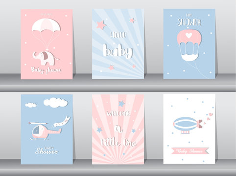 Set of baby shower invitation cards,birthday cards,poster,template,greeting cards,cute,plane,Vector illustrations