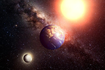 View of planet earth, moon and sun.  Background of cosmos with milkyway and shining star. Elements of this image are furnished by NASA