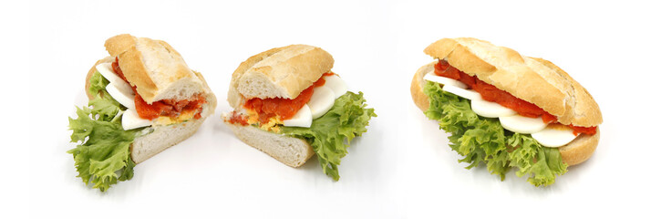 Seelachs Ei Brötchen Ciabatta - Fischbrötchen - Hintergrund weiß freigestellt / background white isolated