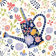 Watering can and flowers. Seamless pattern. © vyazovskaya