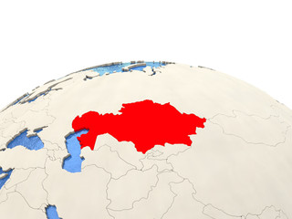 Kazakhstan on globe with watery seas