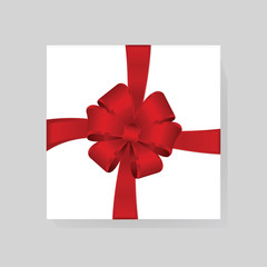Vector White Square Gift Box with Shiny Red Satin Bow Isolated on Background