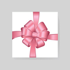 Vector White Square Gift Box with Shiny Red Satin Bow Isolated on Background