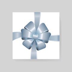Vector White Square Gift Box with Shiny Blue Satin Bow Isolated on Background