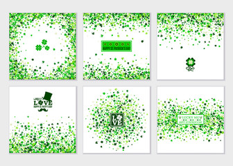 Happy Saint Patrick's Day background Set. Concept design kit in greenery colors with four leaved clovers isolated confetti. Vector illustration