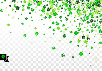 Background with four leaved greenery clover and shamrock for Saint Patrick's Day greeting isolated on white transparent background. Vector illustration