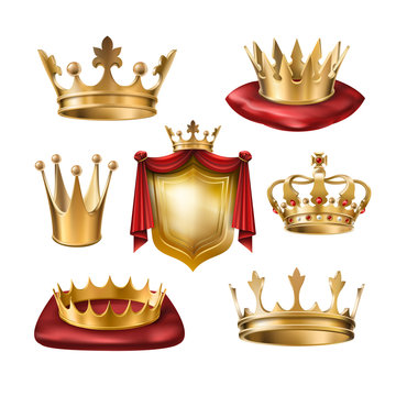 Set of vector icons of royal golden crowns and coat of arms isolated on white. Collection of crown awards for winners of competitions, design elements for a label, certificate, diploma