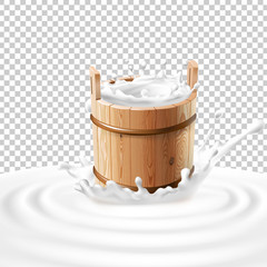 Vector illustration of a wooden bucket with milk standing in the center of a dairy splash. Template advertising poster in a realistic style for natural high-quality milk