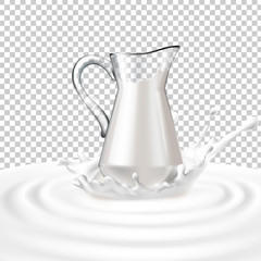 Vector illustration of a glass jug with milk standing in the center of a dairy splash. Template advertising poster in a realistic style for natural high-quality milk