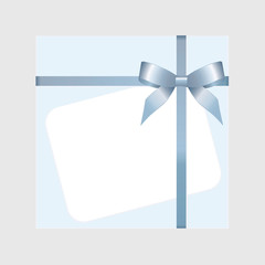 Rectangle white paper card with blue ribbon and tied bow on background. Vector image.