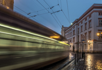 Krakow, Poland, st Francis church and tram light trails