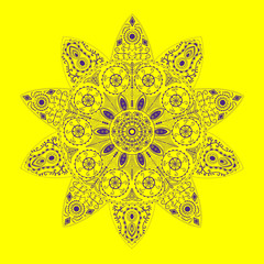 Mandala. A spiritual and ritual symbol in Hinduism and Buddhism, representing the universe. with complementary colors. Yellow background with violet lines.