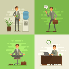 Cool vector flat design business characters. Corporate specialists friendly smiling. Man going to work, drinking coffe, meditating and relaxing, hard working. Trendy greenery background of 2017.