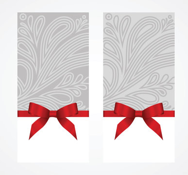 Set of Gift certificate, Gift Card With Red Ribbon And A Bow on grey Decorative Elements  background.  Gift Voucher Template.  Vector image.