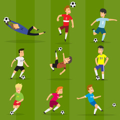 Set of colorful football players on different positions playing soccer on a green field