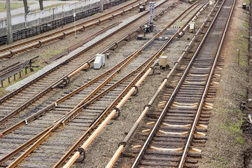 Fototapeta na wymiar Railroad tracks on the the overground part of metro line