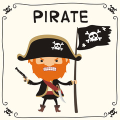 Angry pirate with pistol and with pirated flag in cartoon style. Isolated pirate with red beard and hat with skull.