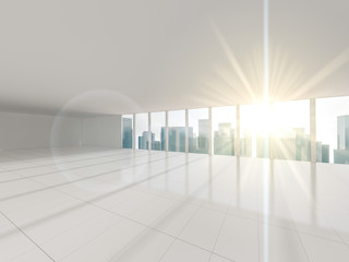 Big window with views of city. 3d rendering