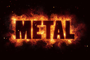 metal rock music text on fire flames explosion - obrazy, fototapety, plakaty