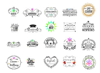 Badge as part of the design - Cosmetics logo Sticker, stamp, logo - for design, hands made. With the use of floral elements, calligraphy and lettering