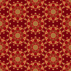 Vector seamless background pattern of circular ornament colored mandala repeating on red background