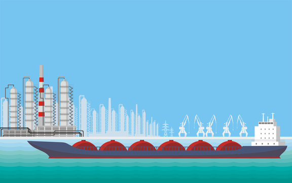 Sea landscape with the image of a harbour dock, ships and seaside industrial city. Vector background  