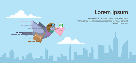 pigeon courier flying over the city skyline. sending email flat vector illustration