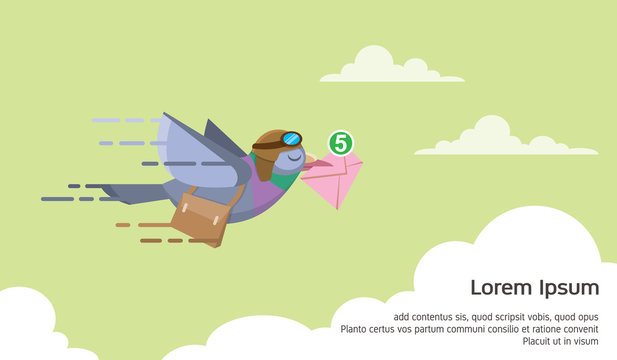 pigeon courier flying over the sky sending electronic mail concept flat vector illustration