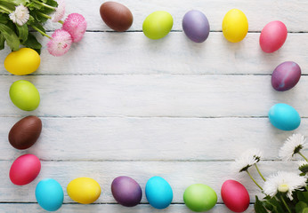 Background with eggs. Top view