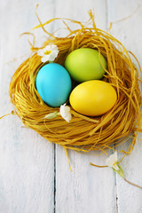 yellow nest with painted eggs