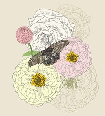 Fototapety  rysunek motyla i kwiaty. Ręcznie rysowane ilustracja