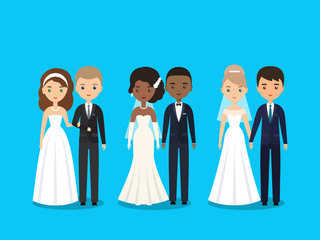 Bride and groom. Vector flat people characters. Cartoon couple newlyweds isolated on blue background. Women in wedding dresses and men in suits. Icons male, female.