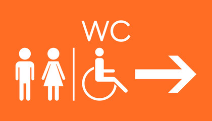 WC, toilet flat vector icon . Men and women sign for restroom on orange background.