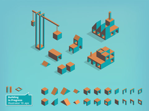 Build your own isometric Vector City Set, with blocks, windows, factory and Crane