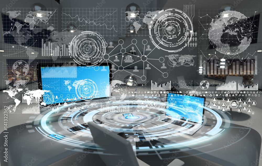 Poster Workplace with modern devices and hologram screens 3D rendering