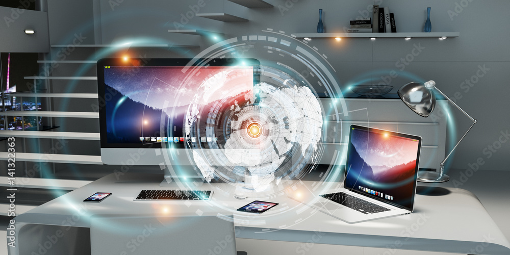 Aufkleber Workplace with modern devices and hologram screens 3D rendering