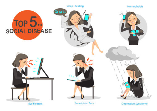 Addicted to social.Business woman sick and five common diseases.Isolated on white background.Vector cartoon illustrations.